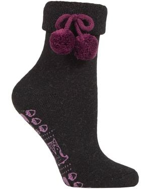Elle 1 Pair Ladies Wool Mix Slipper Socks With Pom Pom - Purple