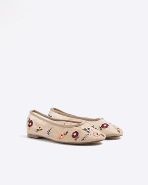 River Island Ballet Court Shoes Mesh Floral Embroidered - White