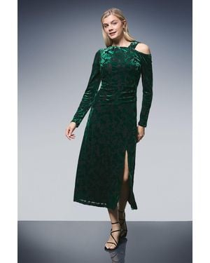 PRINCIPLES Asymmetric Neck Velvet Devore Midi Dress - Green