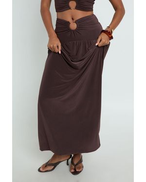 Boohoo Double Layer Slinky Ruched Maxi Skirt With Ring Trim - Brown
