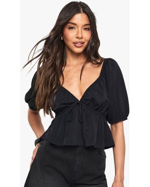 Boohoo Woven Puff Sleeve Smock Top - Black