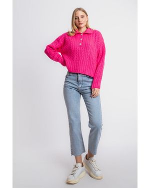 Hiccup Cable Knitted Polo Collar Buttoned Jumper - Pink