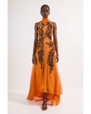 Karen Millen Halter Neck Feather Sequin Detail Woven Maxi Dress - Orange