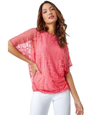 Roman Abstract Check Print Blouson Top - Red