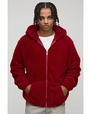 BoohooMAN Regular Fit Fluffy Borg Embroidered Zip Through Hoodie