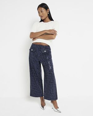 River Island Petite Sequin Wide Leg Crop Jeans - Blue