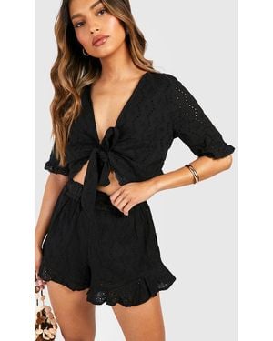 Boohoo Broderie Knot Top & Ruffle Hem Shorts - Black