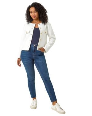 Roman Petite Collarless Button Up Jacket - Blue
