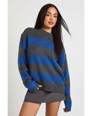 Boohoo Soft Knit Stripe Crew Neck Jumper - Blue