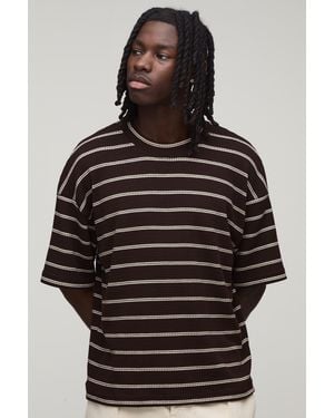 BoohooMAN Oversized Boxy Striped Waffle T-Shirt - Black
