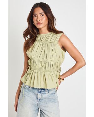 Boohoo Poplin Shirred High Neck Top - Green