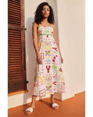 Roman Postcard Print Strappy Ric Rac Midi Dress - Brown