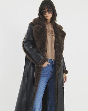 River Island Trench Coat Faux Shearling Lined Belted - Blue
