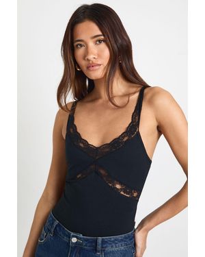 Boohoo Cotton Lace Trim Detail Bodysuit - Blue