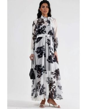 Msn-Collection Floral Maxi Dress With Button Closure And Tie Detail - White