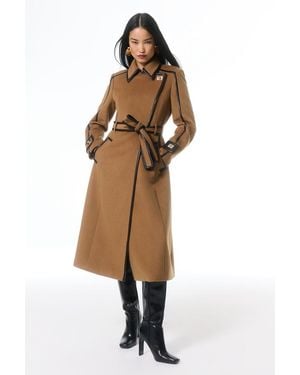 Karen Millen Brushed Wool Pu Trim Belted Tailored Double Breasted Midi Coat - Natural