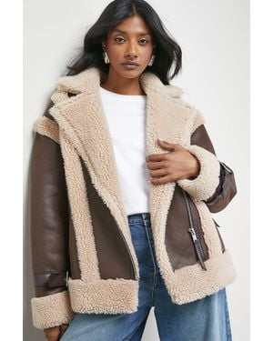 Warehouse Wool Lined Shearling Biker Jacket - Brown