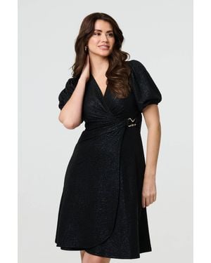 Izabel London Sparkly 1/2 Sleeve Belted Wrap Dress - Black