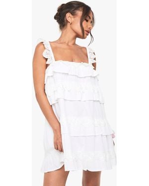 Boohoo Cotton Layered Ruffle Smock Mini Dress - White