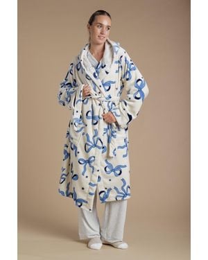 Tokyo Laundry Bow Print Fluffy Hooded Dressing Gown - Blue