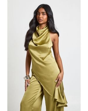 Boohoo Satin Cowl Neck Asym Hem Top - Green