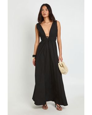 Boohoo Deep V Front Tie Maxi Skater Dress - Black