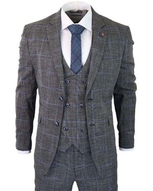 Infinity Leather 3 Piece With Check Tweed Vintage Classic Suit - Blue