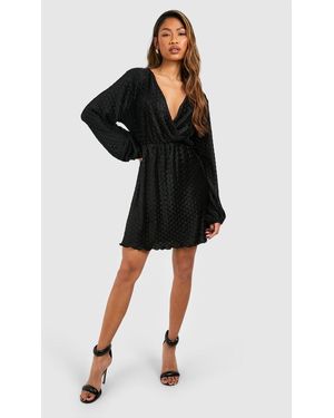 Boohoo Wave Plisse Blouson Mini Dress - Black