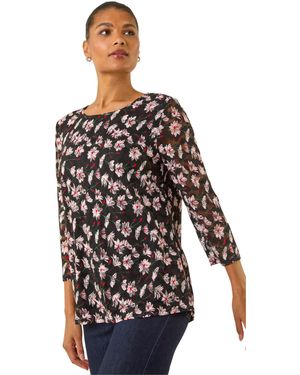 Roman Floral Print Stretch Top - Black
