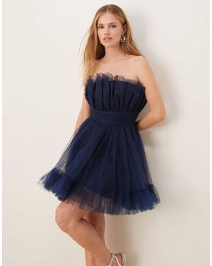 LACE & BEADS Bandeau Structured Tulle Mini Dress - Blue