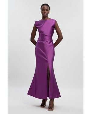 Karen Millen Satin Twill Draped Waist Structured Tailored Maxi Dress - Purple