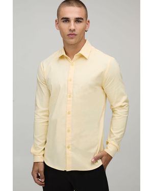 BoohooMAN Slim Fit Long Sleeve Cotton Shirt - Natural