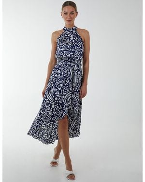 Blue Vanilla Abstract Print Halter Neck Midi Wrap Dress - Blue