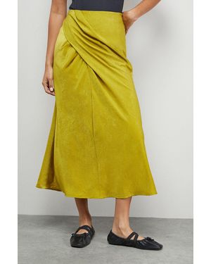 Warehouse Crushed Satin Drape Front Bias Midi Skirt - Yellow