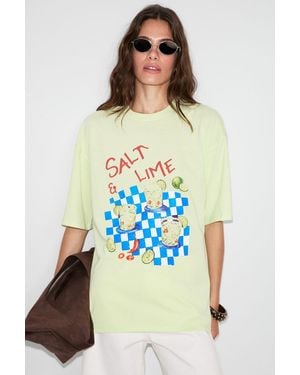 Grimelange Oversized Printed Crew Neck T-Shirt - Blue