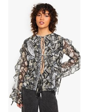 Boohoo Snake Print Chiffon Tie Front Blouse - Black