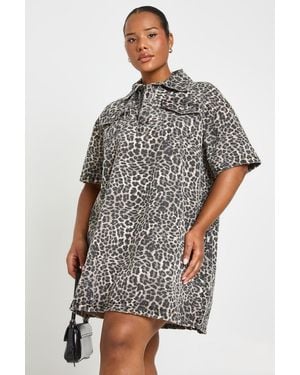Boohoo Plus Print Short Sleeve Denim Dress - Grey