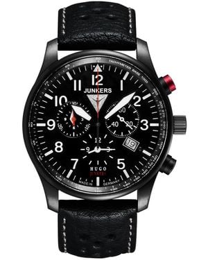 Junkers Original Jukkers 6680-2 Quartz Watch 42Mm Dial Leather Strap, Luminous Numerals, Date Window, Mineral Glass, 10Atm Water Resistant - Black