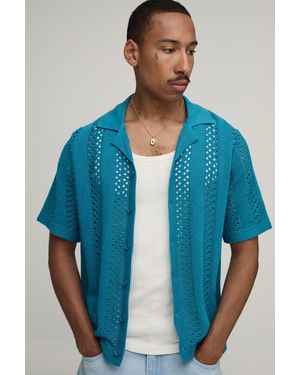 BoohooMAN Boxy Regular Open Stitch Panel Knitted Shirt - Blue