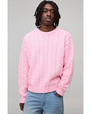 BoohooMAN Boxy Fit Cable Knitted Jumper - Pink