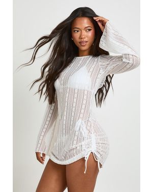 Boohoo Floral Lace Ruched Side Beach Mini Dress - White