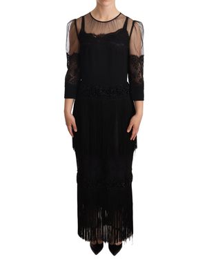 Dolce & Gabbana Midi Dress 34 Sleeves Lace Fringe - Black