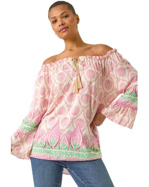 Roman Printed Bardot Tie Neck Top - Pink