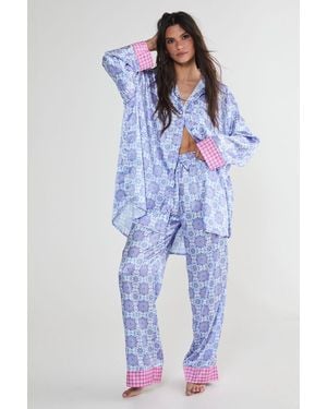 Nasty Gal Satin Tile Print Border Oversized Pyjama Trousers Set - Blue