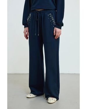 GUSTO Pearl Detailed Cotton Joggers - Blue