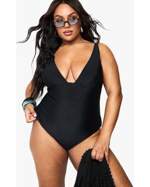 Boohoo Plus Tummy Control Plunge Swimsuit - Black