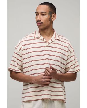 BoohooMAN Oversized Striped Waffle Revere Polo - Grey