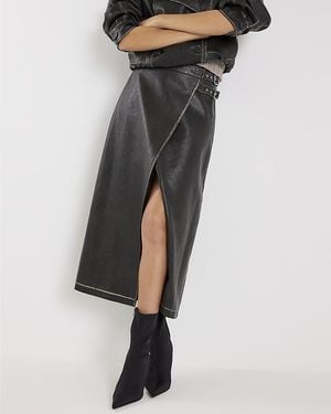 River Island Wrap Midi Skirt Faux Leather Distressed Pu - Black