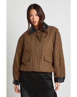 Boohoo Oversized Check Wool Look Bomber Jacket - Brown