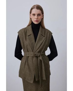 GUSTO Wool Mix Long Waistcoat With Belt - Green